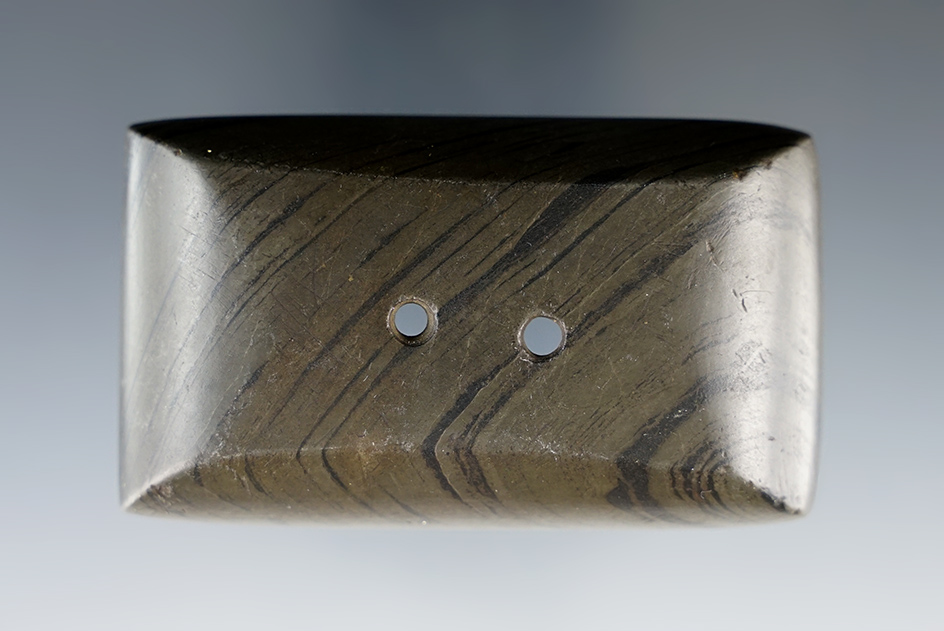 2 15/16" Adena Semi-Keeled Gorget made from green and black Banded Slate. Cuyahoga Co., Ohio.