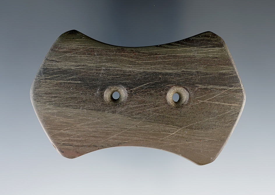 3 3/8" Six-Sided Hopewell Gorget made from Banded Slate. Found in Ross Co., Ohio. Ex. Jack Hook.