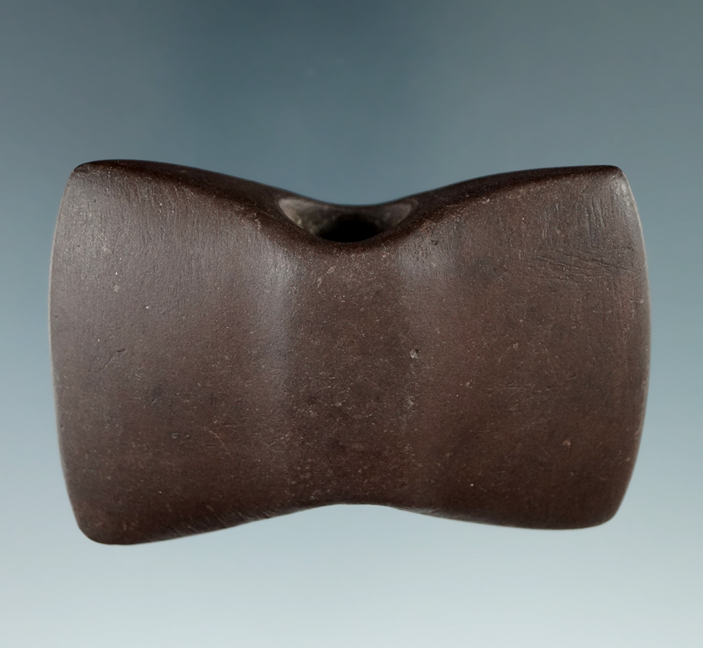 2 5/8" Archaic Bowtie Bannerstone made from red Slate, found in Sandusky Co., Ohio. Ex. Raymond Viet
