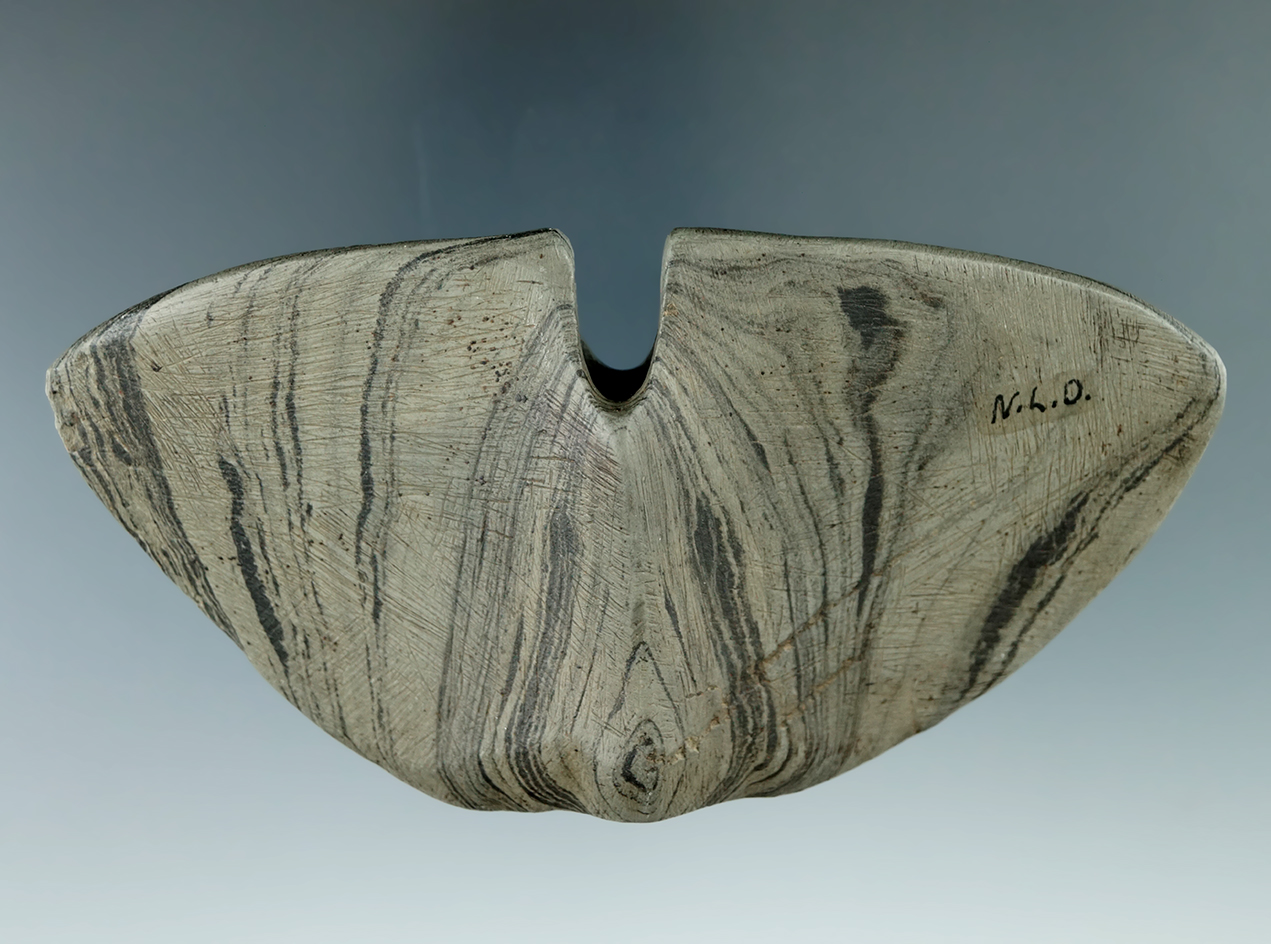 4 5/8" Archaic Single Notch Wing Bannerstone found in Clark Co., Ohio.  Pictured in "Ohio Slate Type