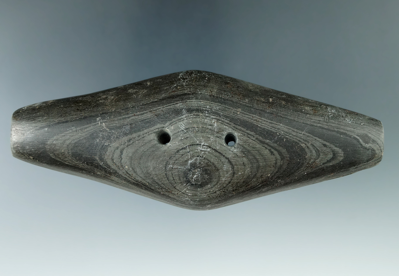 5 1/4" Adena Expanded Center Gorget found in Hancock Co., Indiana. Pictured in Who's Who #8, page 28