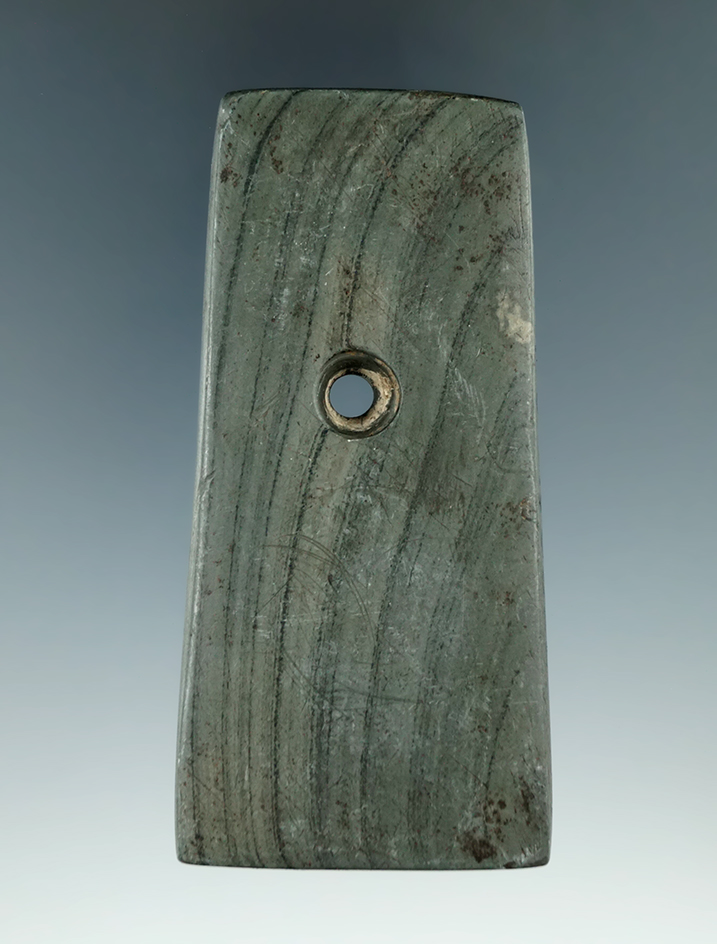 3 5/8" Adena Trapezoidal Pendant made from green and black Banded Slate, found in Noble Co., Indiana