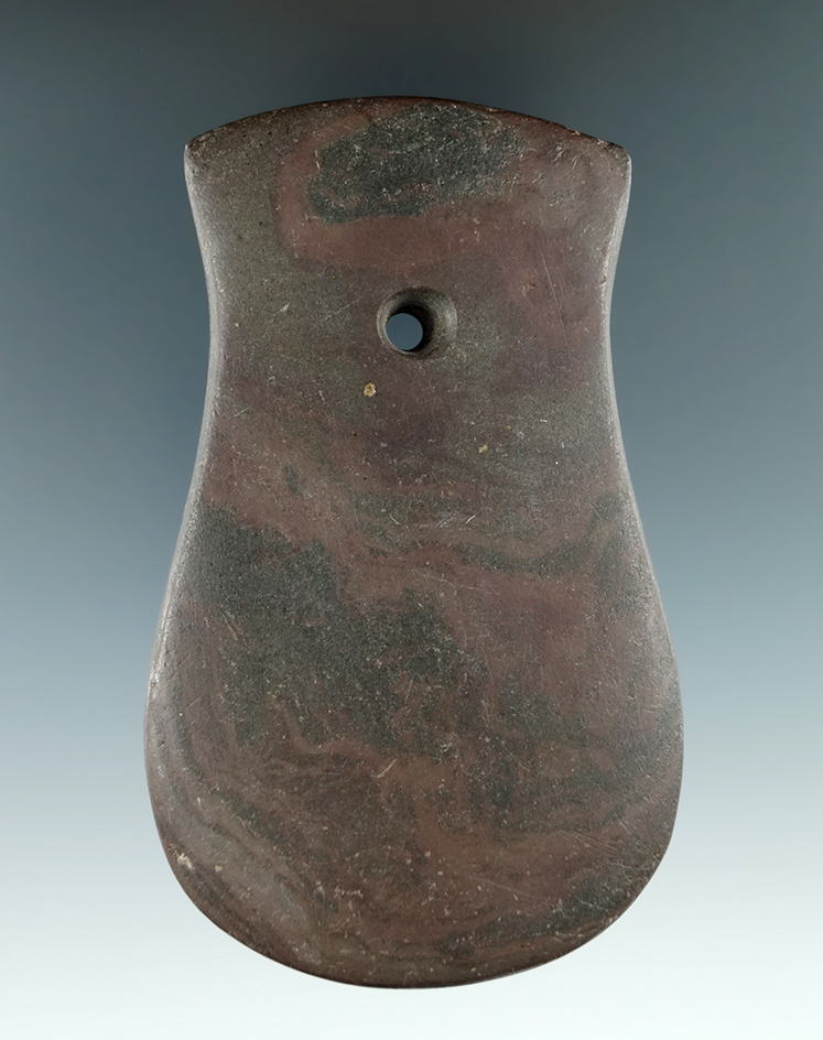 3 15/16" Adena Keyhole Pendant made from red and black Mottled Slate, found in Jay Co., Indiana.