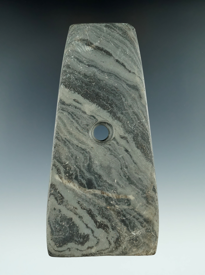 5 13/16" Adena Trapezoidal Pendant made from Mottled Slate, found in St. Joseph Co., Michigan.