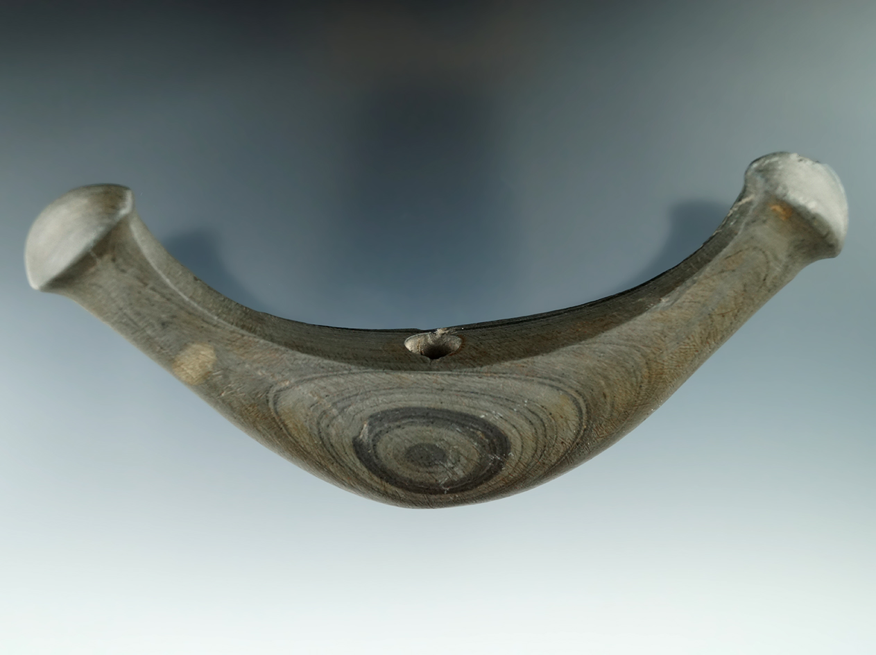 6" x 2 5/8" Archaic Knobbed Crescent found in Whitley Co., Indiana. Pictured in Ohio Archaeologist.