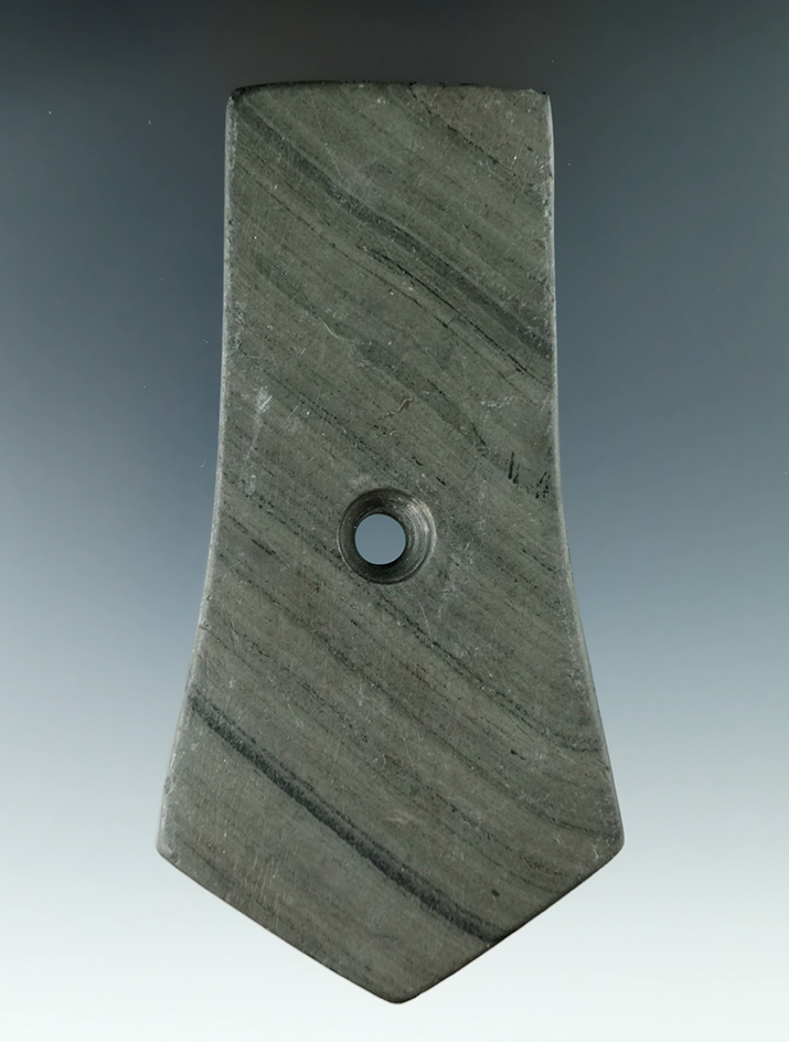 4 1/2" Hopewell Pentagonal Pendant made from green and black Banded Slate, found in Michigan. Pictur