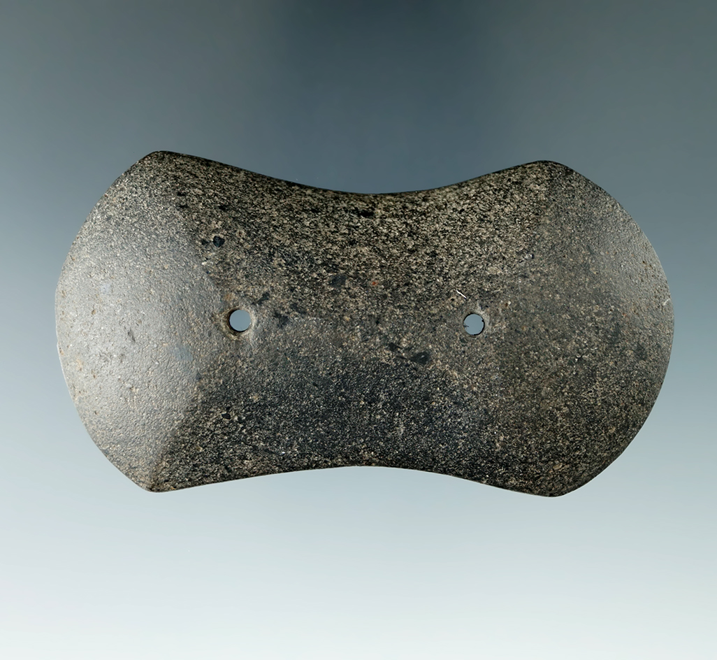 3 5/16" Adena Bi-Concave Ridged Gorget found in Illinois. Ex. Harley Glenn, John Rummel Collections.