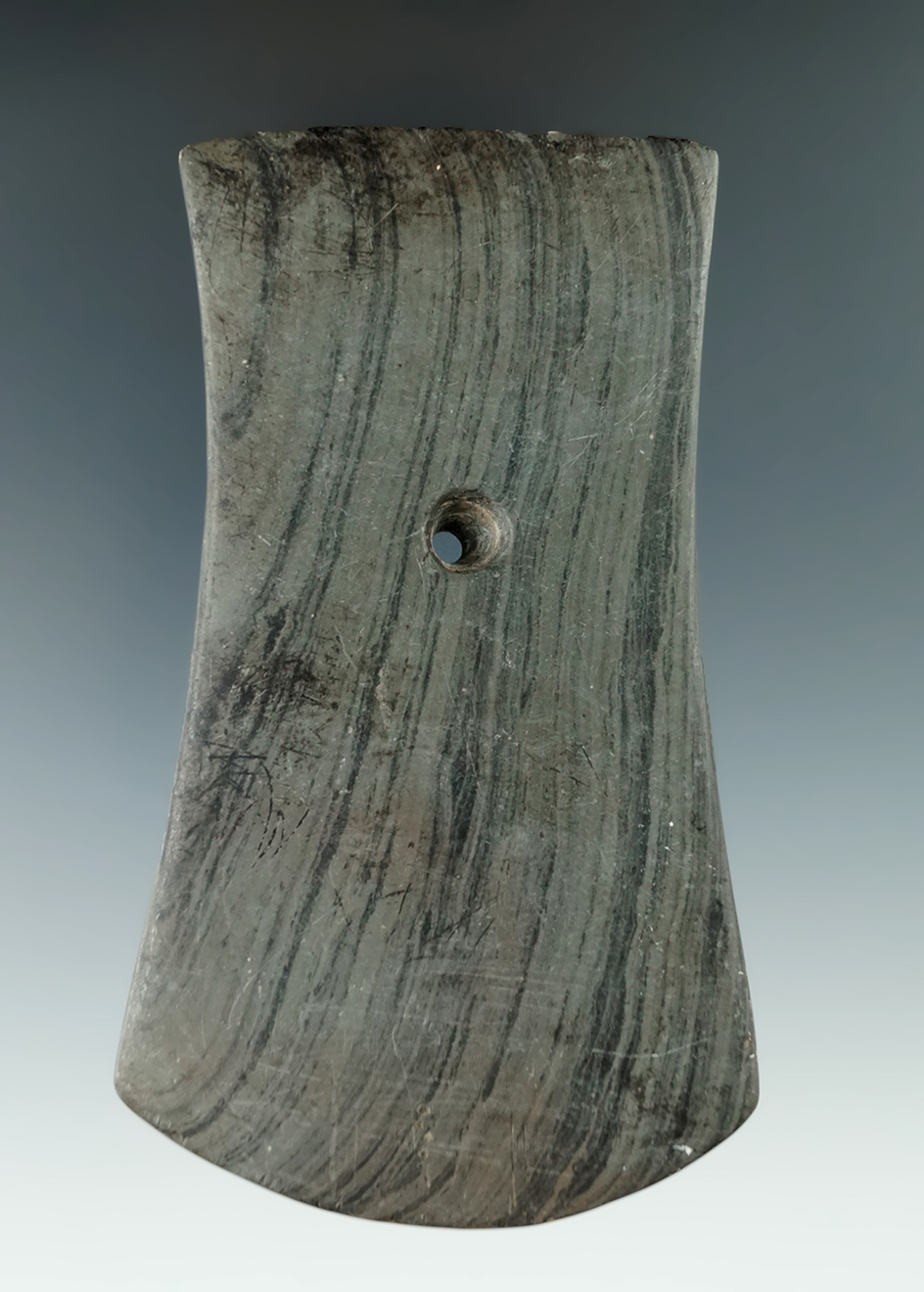 4 5/16" Adena Bi-Concave Pendant found in Randolph Co., Indiana. Pictured in Who's Who #8, page 127.