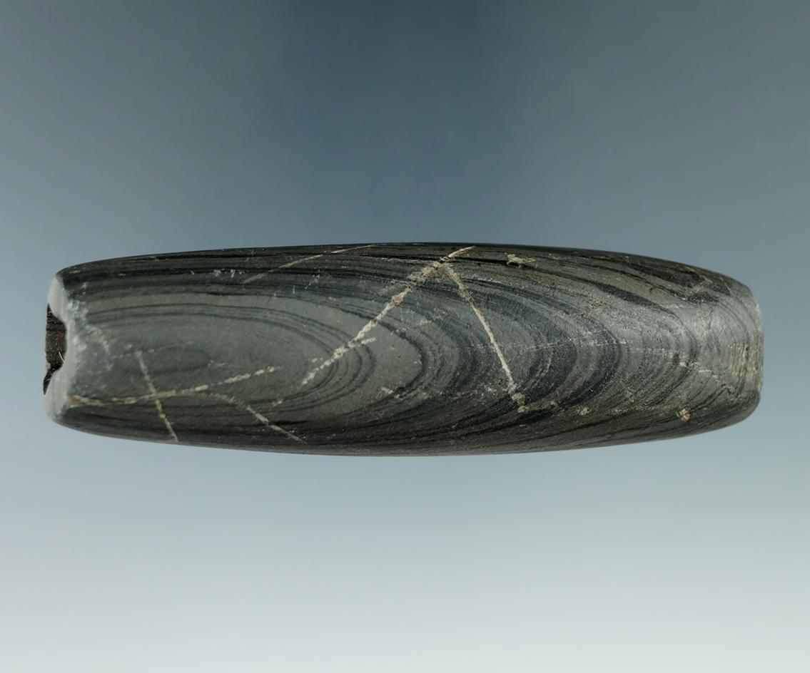 3 5/8" Archaic Tube Pipe made from green and black Banded Slate, found in Harrison Twp., Henry Co.,