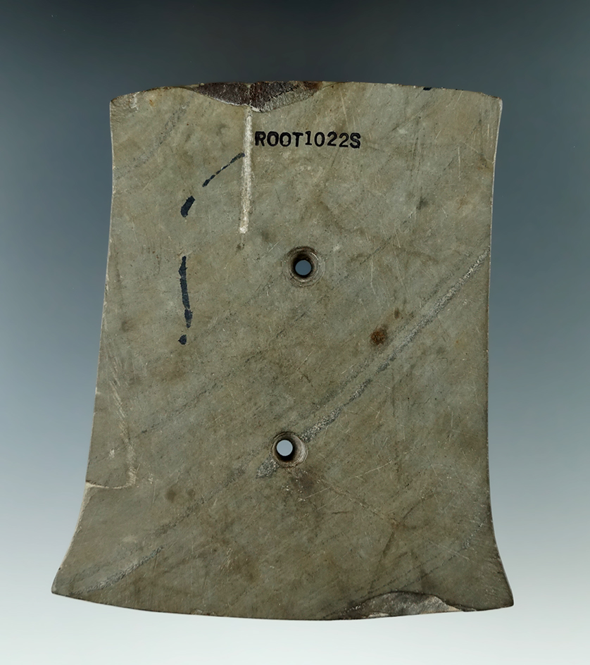 4 3/8" Glacial Kame Flared Gorget made from Banded Slate, found in Barry Co., Michigan. Pictured