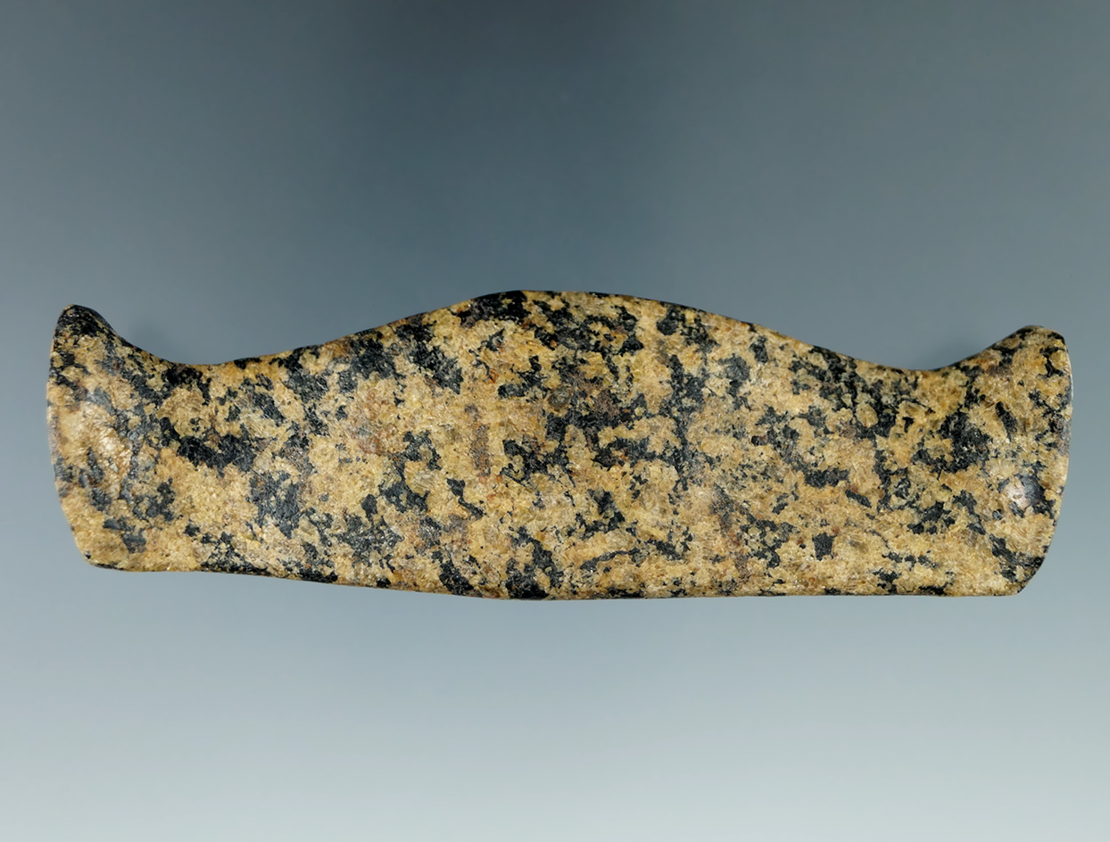 3 7/8" Early Woodland Bar Amulet made from black and tan Granite, found in Ross Co., Ohio. Pictured.