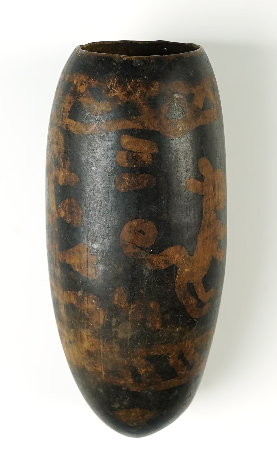 Very unique and well painted! 6 3/4" long pre-Columbian negative-painted  Gourd container. 