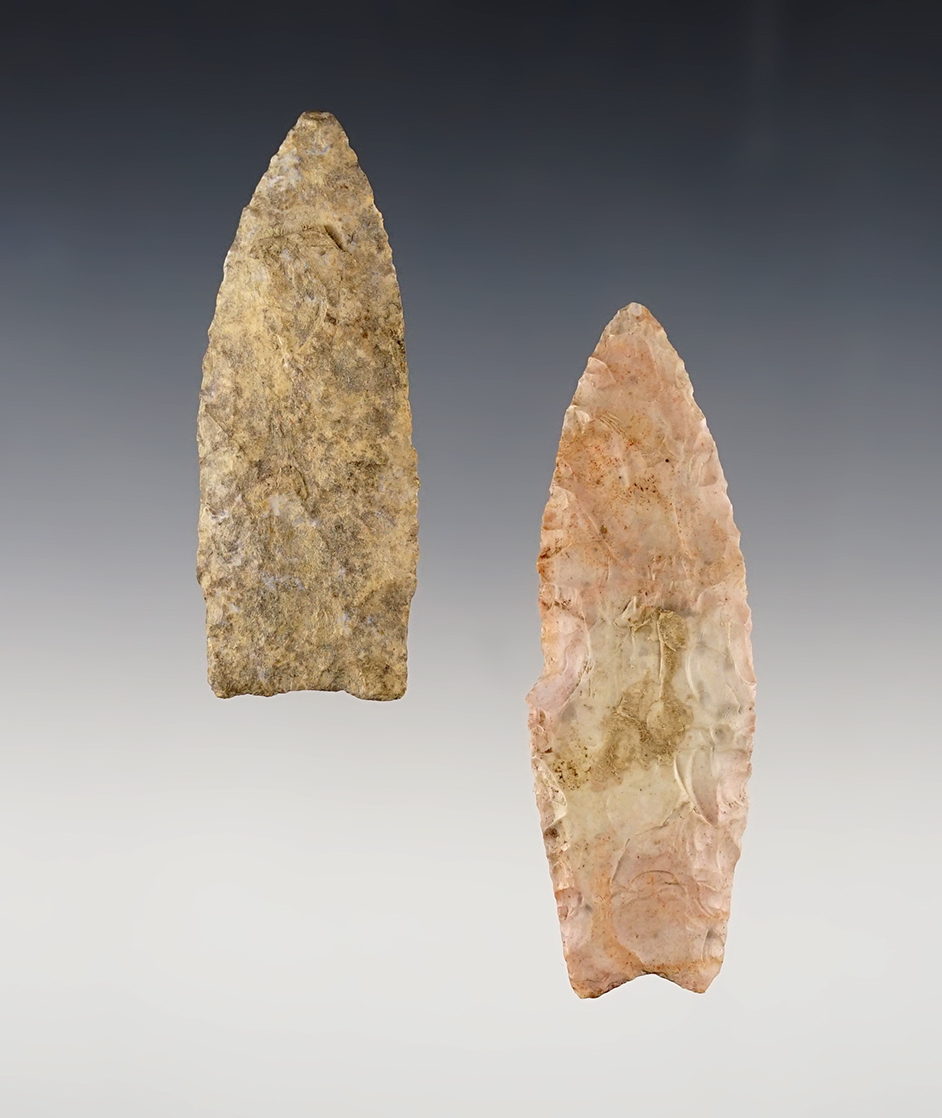 Pair of well made Paleo points. The pink one was found in Warren Co., Indiana. 