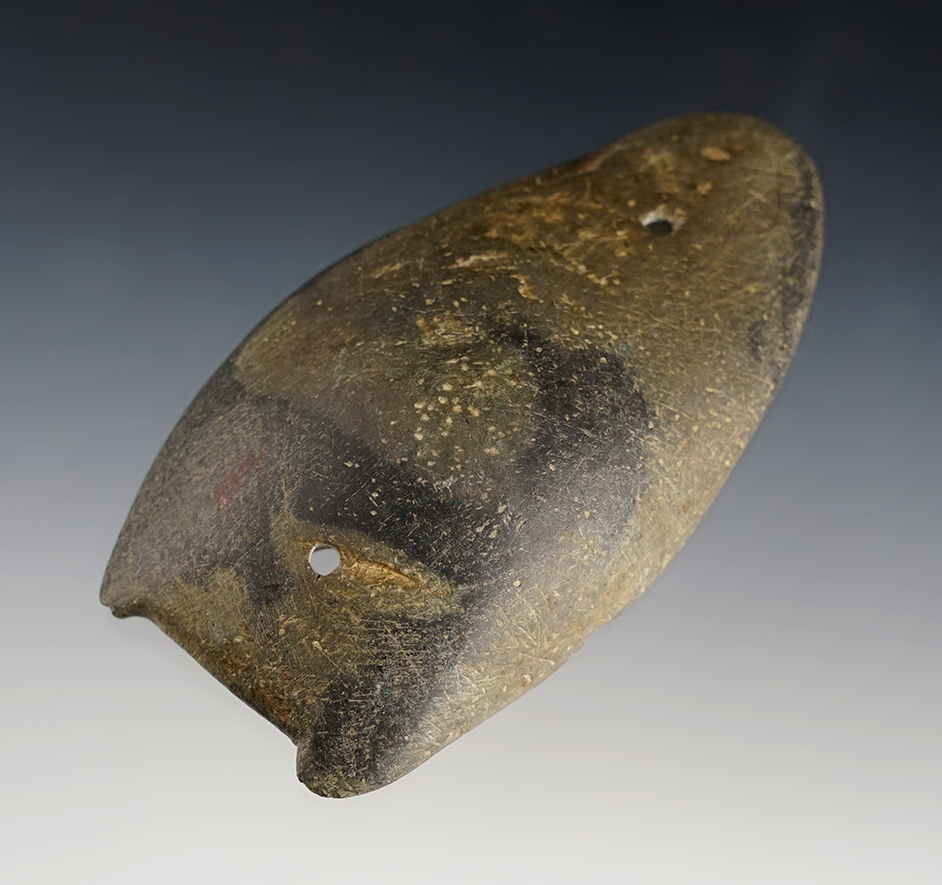 4" Uniquely styled Glacial Kame Gorget with a bifurcated end. Found in the Ohio/Indiana area. 