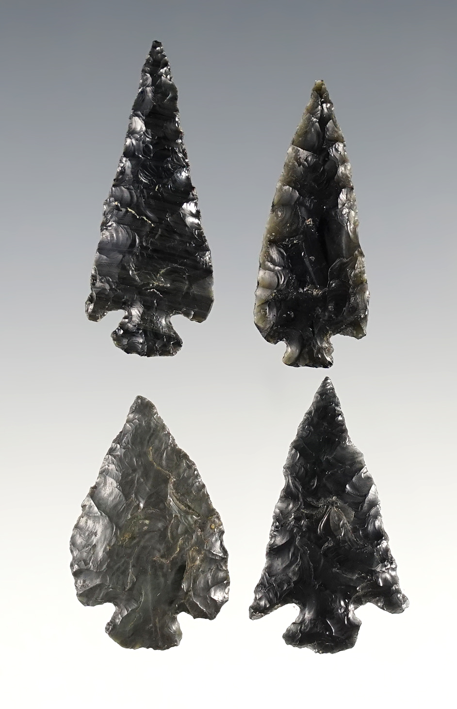 Set of four nice obsidian points in good condition found in Oregon. Largest is 1 7/16".