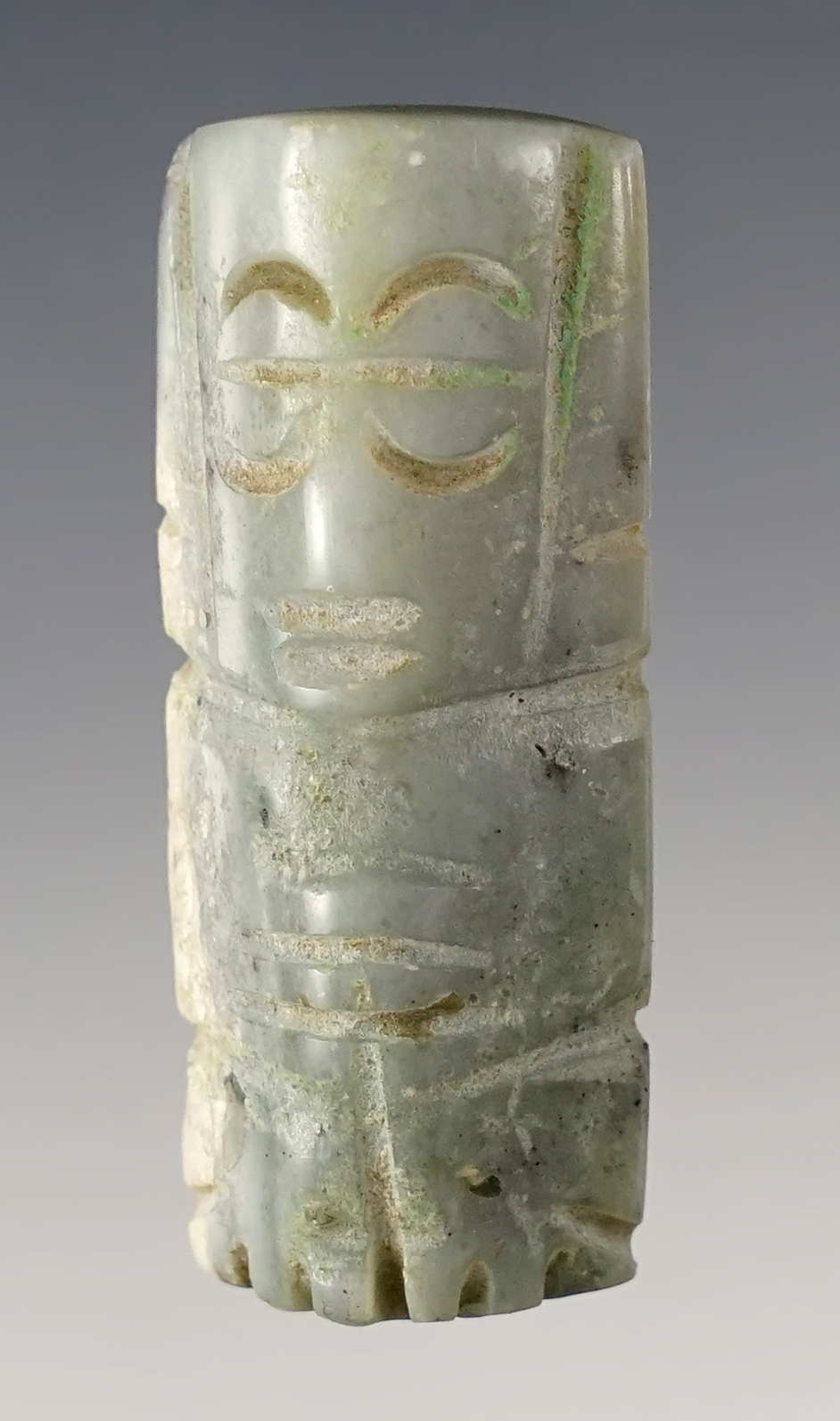 1 7/8" Fine penate figure,  Mixtec, Oaxaca State, Mexico, 900-1400 CE, green and cream jade.