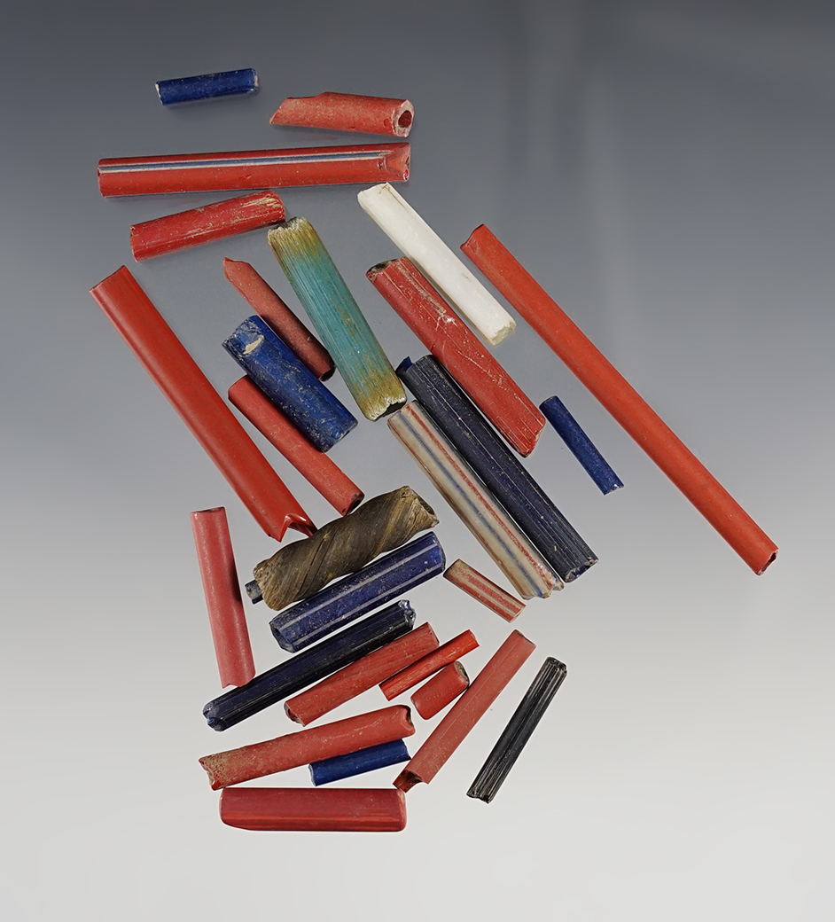 29 Drawn Tubular Glass Trade Beads in various types. Recovered at the White Springs Site - NY. 