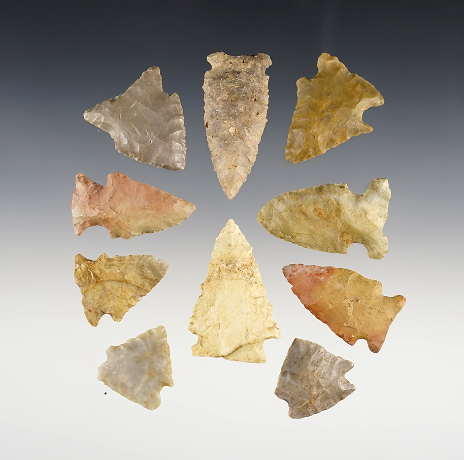 Set of 10 assorted points found in Wabash Co., Indiana. The largest is 1 3/4".