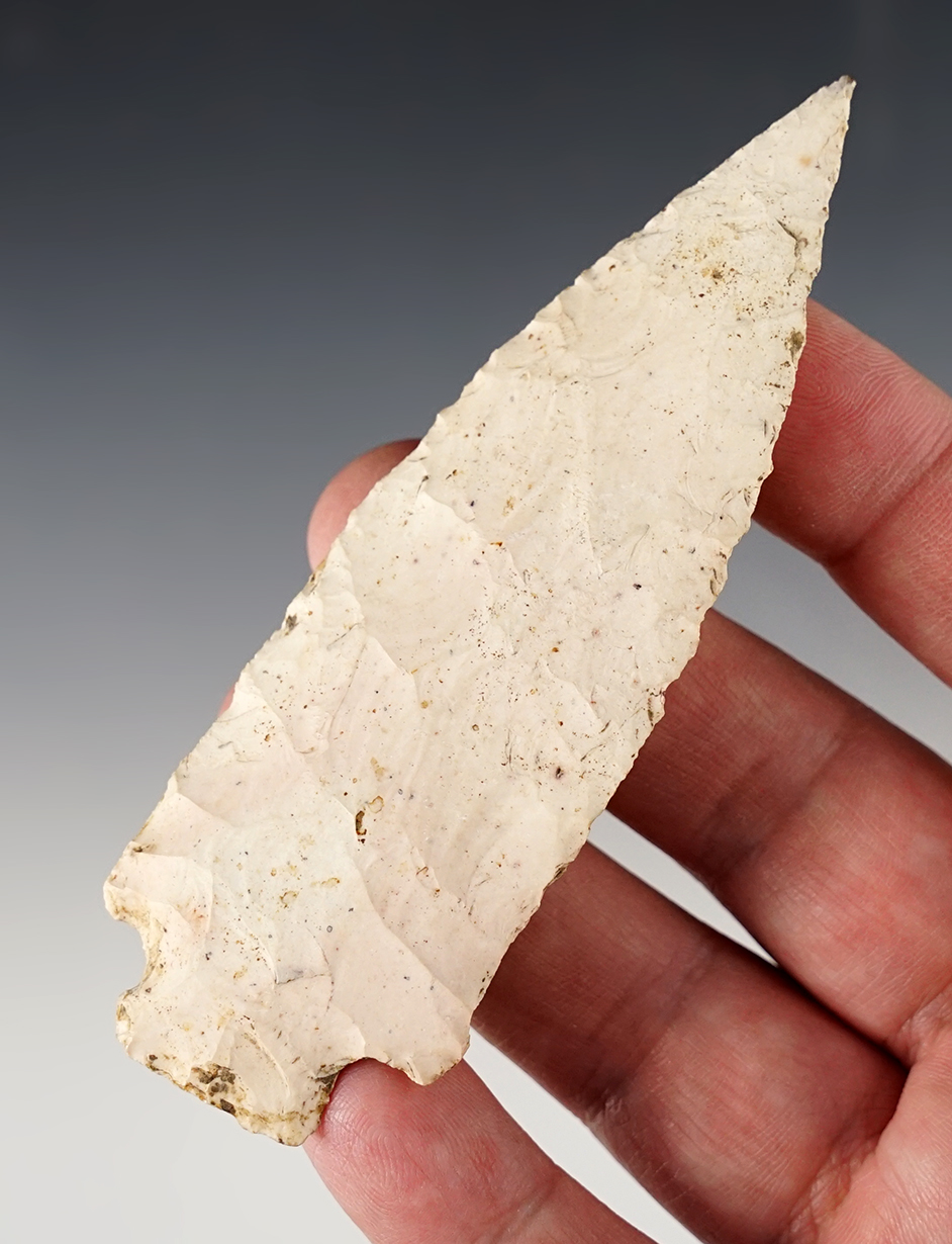 4 1/8" heavily patinated Etley knife made from Burlington chert found in Madison Co., Illinois.