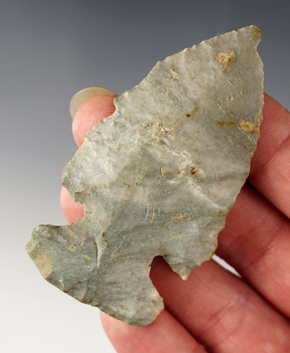 Well patinated 2 3/4" Thebes Bevel made from "Indiana Green" Chert. Kankakee Co., Illinois. 