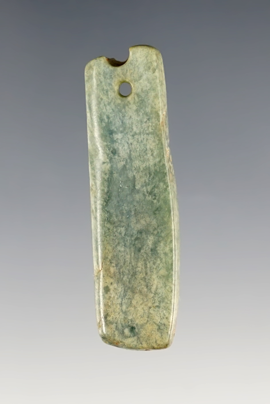 1 11/16" Salvaged Grooved Bar Pendant made from green Jade.  Nicoya Region, Costa Rica. 
