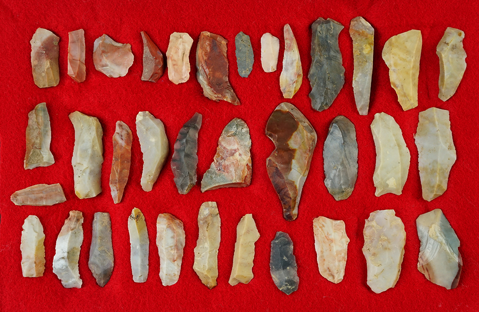 Group of 35 Flint Ridge Flint Hopewell Flake Knives and Bladelets. Found in Ohio. 