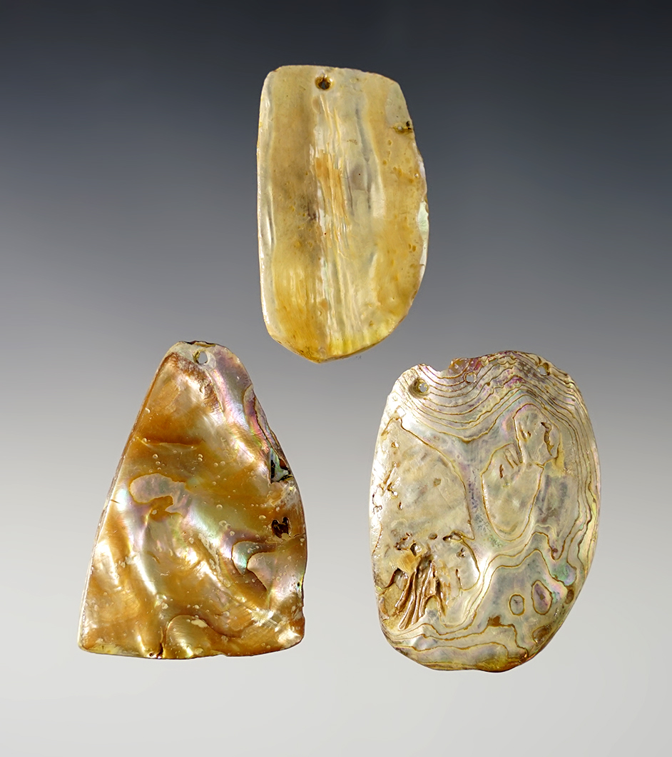 Set of 3 Abalone Shell Pendants found in Colusa Co., California. Largest is 1 7/8".