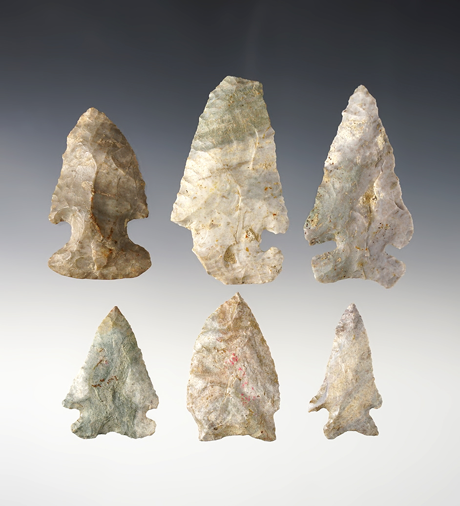 Set of 6 assorted Arrowheads made from Attica "Indiana Green" Chert. Largest is 2 5/8".