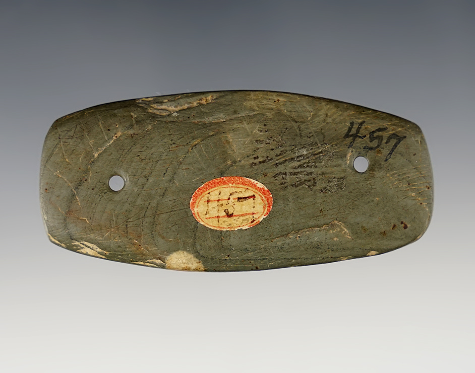 Well patinated 3 1/8" Gorget made from green and black Banded Slate. Ohio area. Ex. Draeger. 