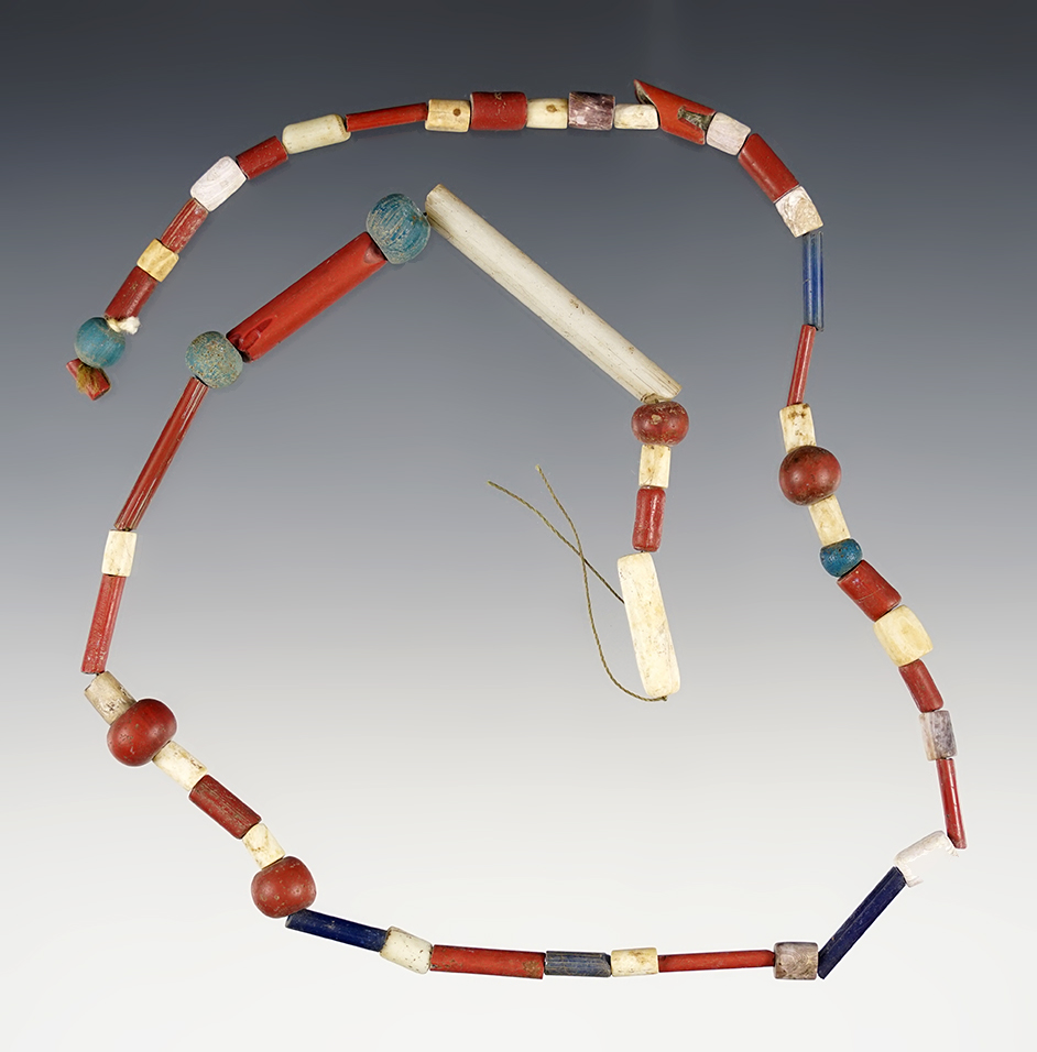 18" Strand of red, blue and white Glass Beads along with Shell Beads. Recovered at the Power House Site in Lima, New York. 