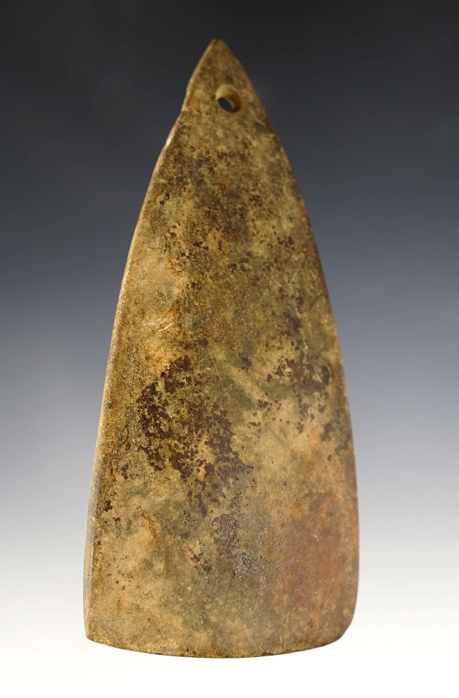 4 5/16" Mississippian Triangular Drilled Pendant that is very heavily patinated. 