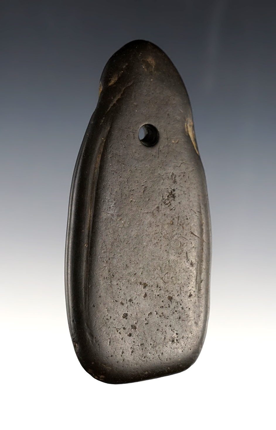 4" Slate Trapezoidal Pendant found in Whitley Co., Indiana. Nicely engraved.