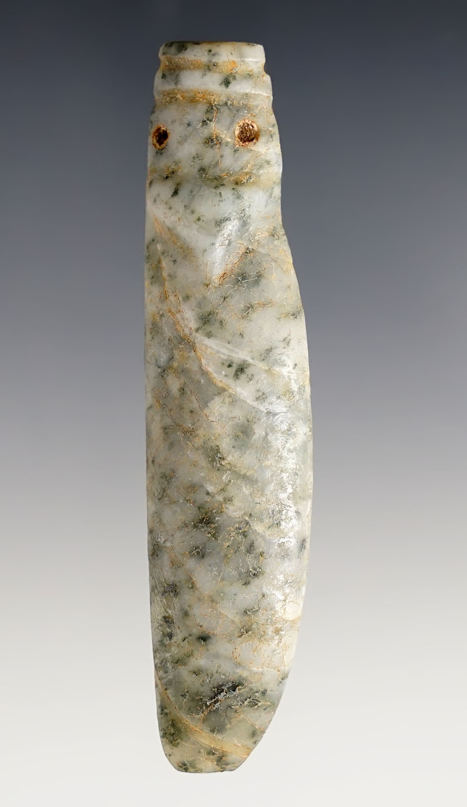 3 3/16" Zoomorphic Blade Form Pendant made from speckled Jadeite.  Costa Rica. 