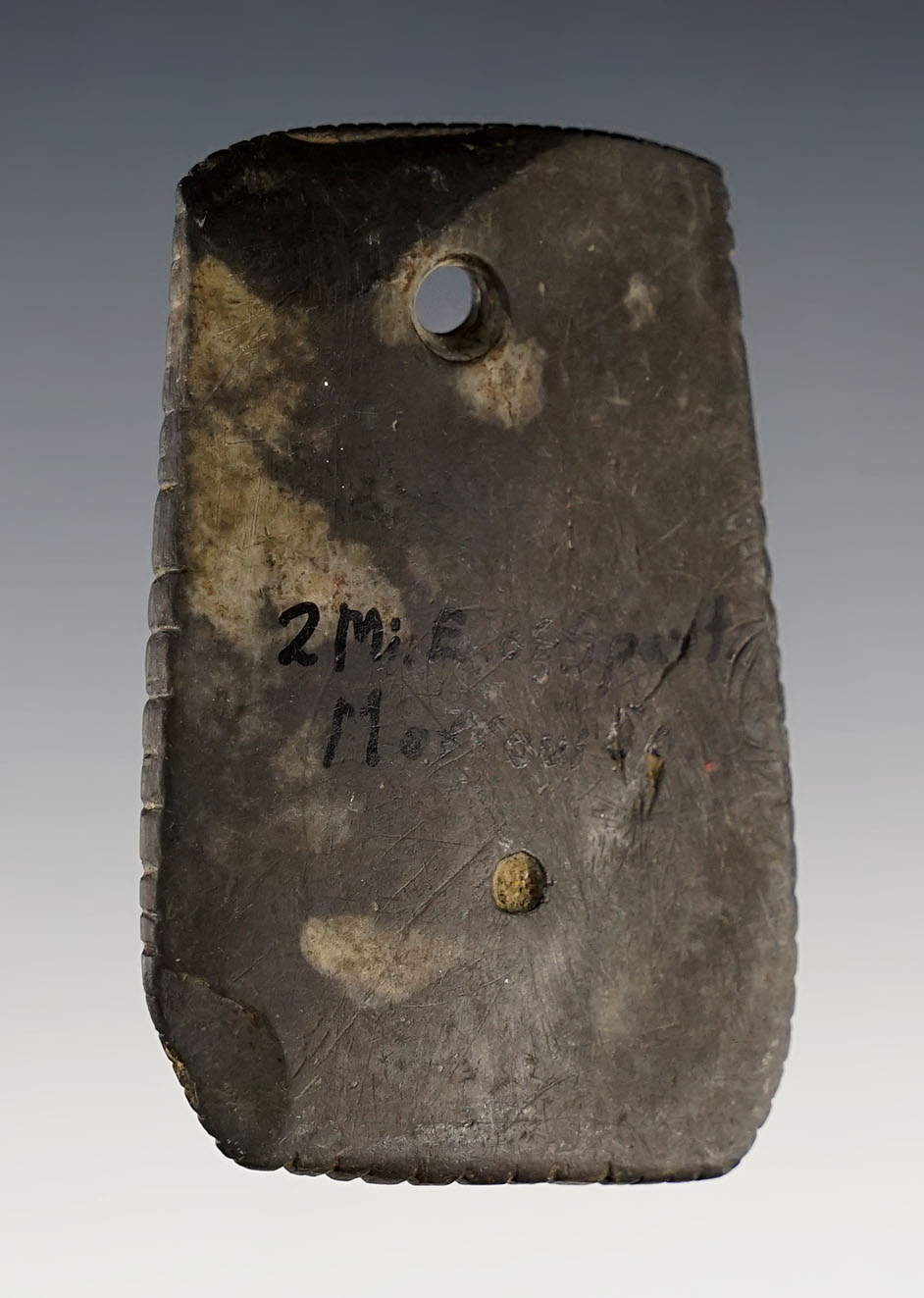2 9/16" Salvaged Pendant made from Slate with tally marks on all edges.  Morrow Co., Ohio. 