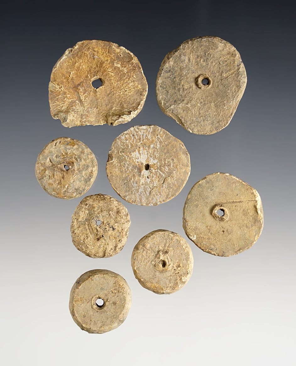 Set of 8 Perforated Lead Discs recovered at the Dann Site in Lima, Monroe Co., New York. 