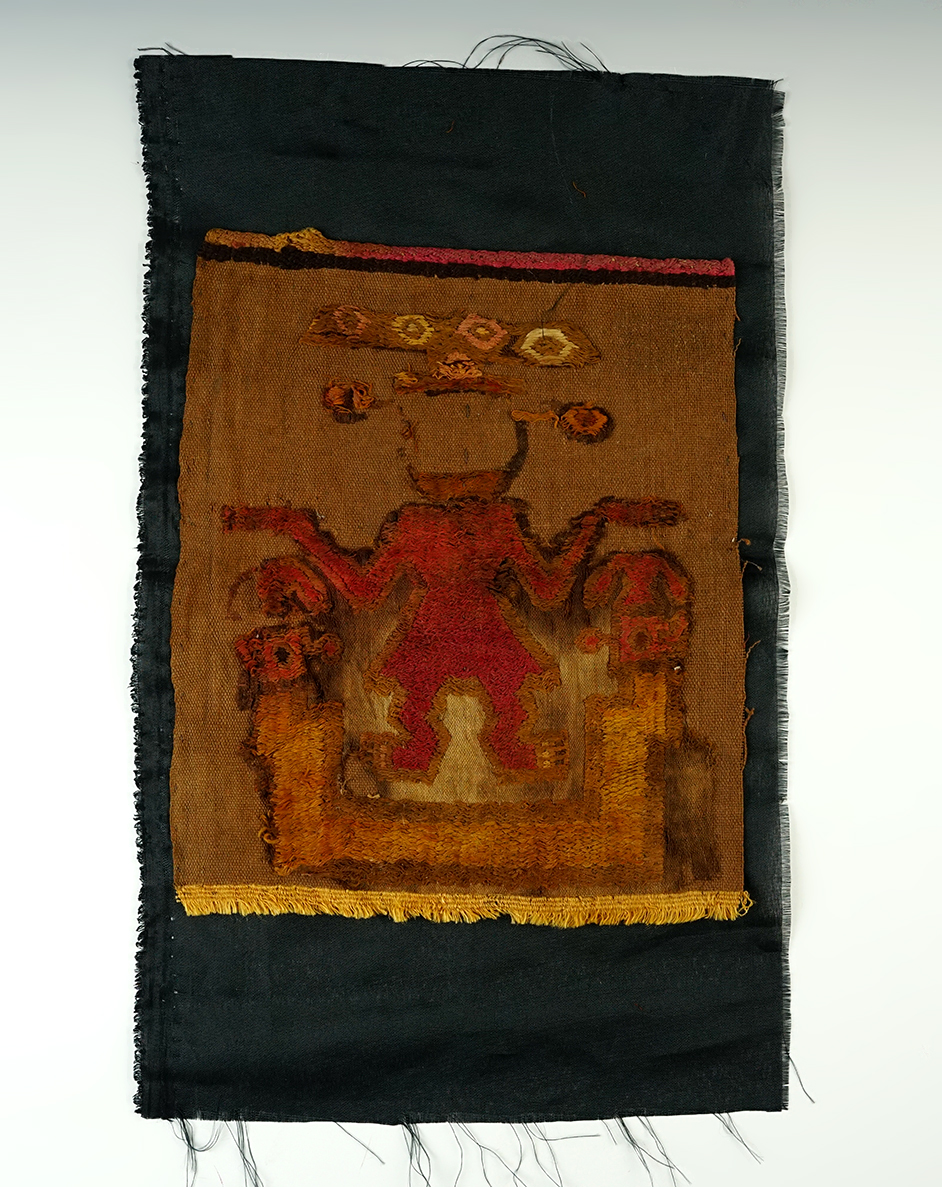 7 5/8" by 9 3/4" Textile panel with Anthropomorphic figure, Chimu or Chancay culture. 