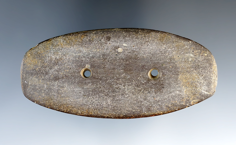 3 9/16" Hopewell Gorget made from gray Slate. Found in Parke Co., Indiana. 