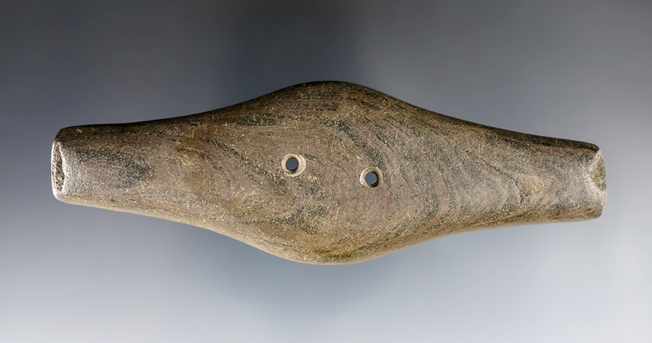 4 11/16" Adena Expanded Center Gorget that is tallied on the bottom in four areas. Vinton Co., Ohio. 