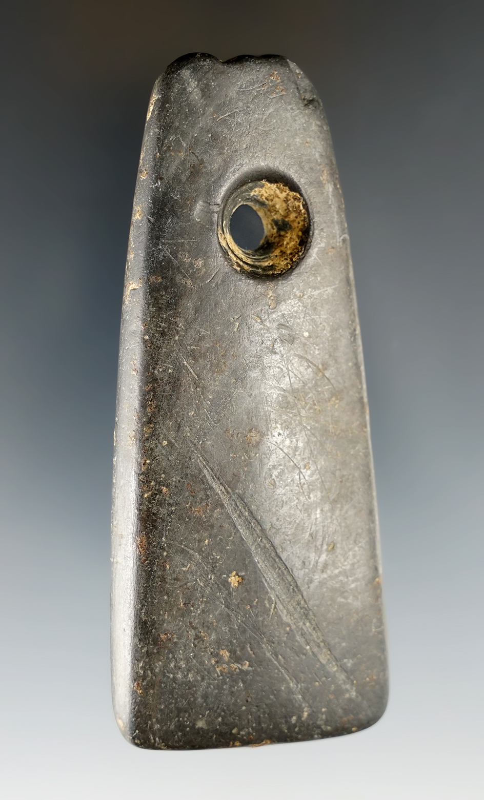 3 3/4" Adena Trapezoidal Pendant found by Carl Woodfile in Jefferson Co., Indiana. Ex. Carl Woodfile.