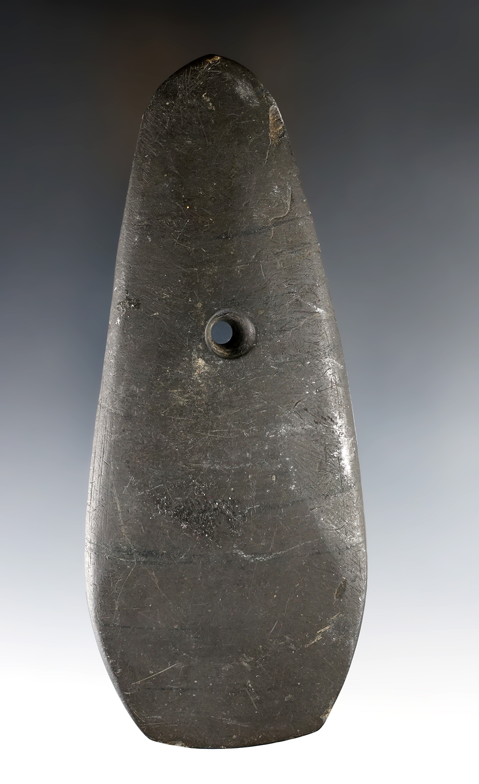 Large 5 7/8" Adena Trapezoidal Pendant made from black Slate. Found in Ohio. Ex. Harold Moody.