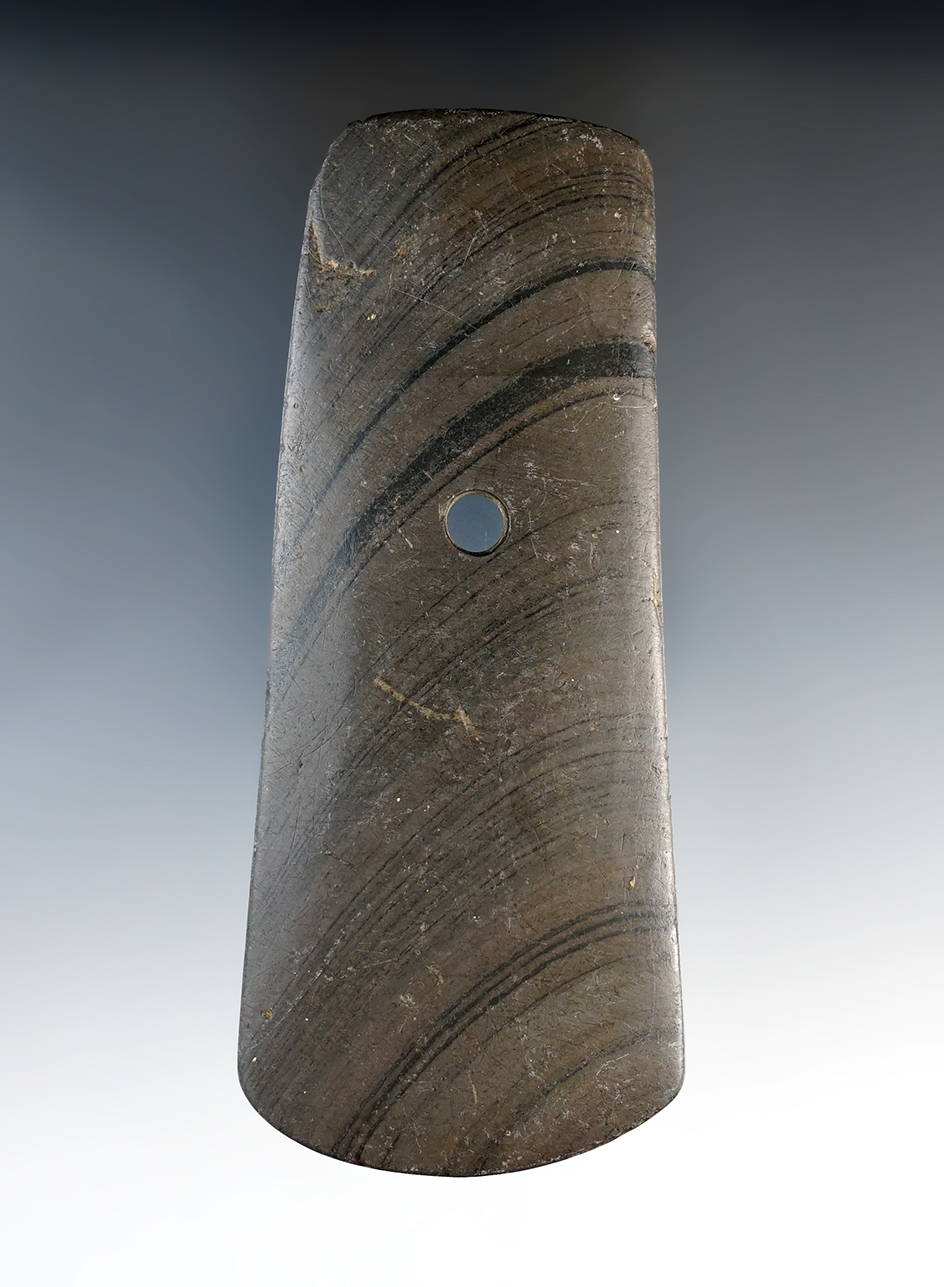 4 7/16" Adena Keyhole Pendant made from Banded Slate. Found in Richland Co., Ohio. 