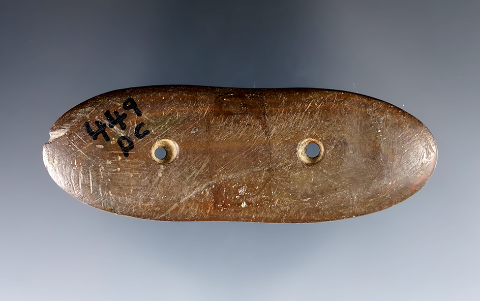 Miniature 3 1/4" Indented Gorget made from Banded Slate. Found in Perry Co., Ohio.