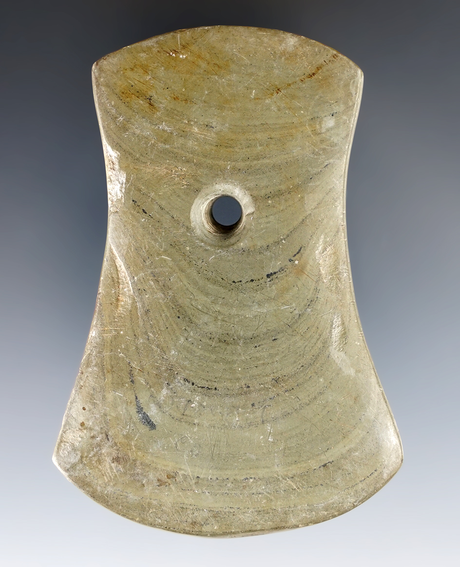 3 3/8" Adena Bi-Concave Pendant - Mottled Slate. Found in Wyandot Co., Ohio. Ex. Gilbert Dilley Collection. 