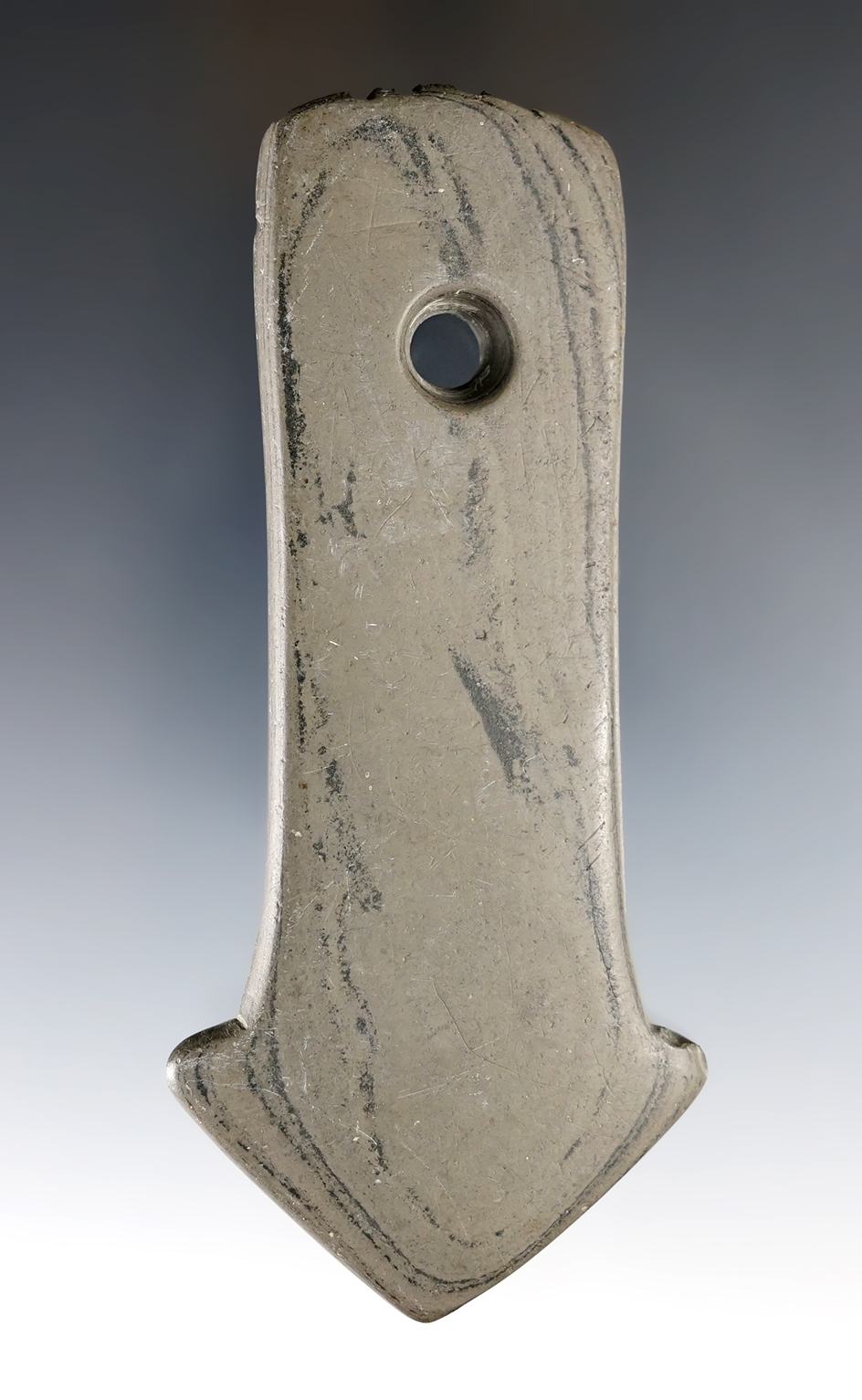 4 7/8" Adena Anchor Pendant with a fringed top found in Madison Co., Ohio. Ex. Billy Hillen (#BLH-33)