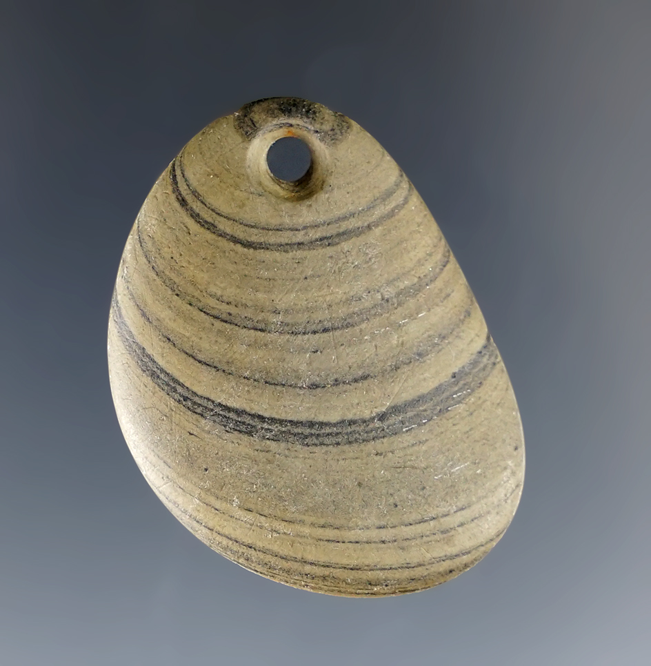 Miniature 1 3/8" Ft. Ancient Pendant made from green and black Banded Slate. Clermont Co., Ohio. 