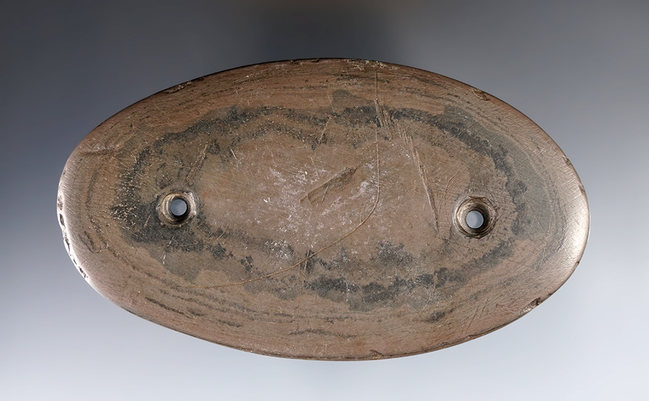 4 3/8" Elliptical Gorget made from red and black Mottled Slate. Found in Morrow Co., Ohio. 