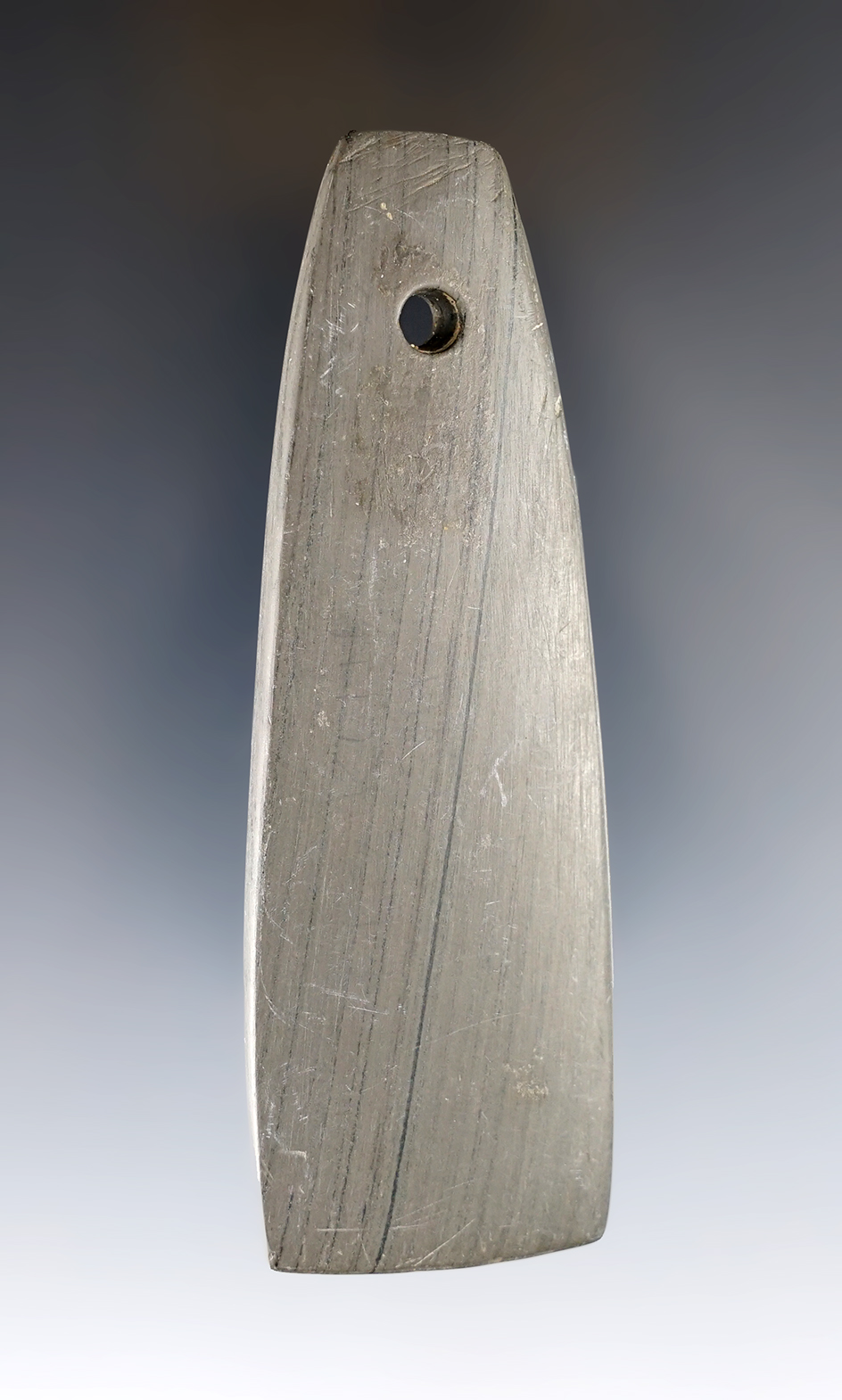 3 11/16" Hopewell Trapezoidal Pendant made from green and black Banded Slate. Franklin Co., Ohio.