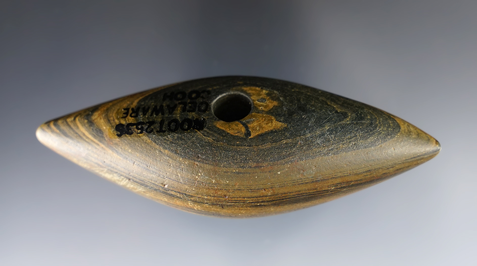 4" Archaic Pick Bannerstone made from Banded Slate. Found in Delaware Co., Ohio. Ex. Shipley.