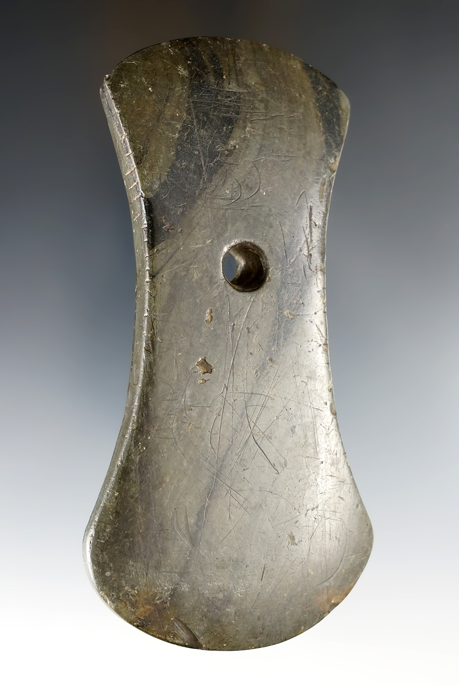 4 3/4" Adena Bi-Concave Pendan t- tallied on one side. Found in Ottawa Co., Ohio.