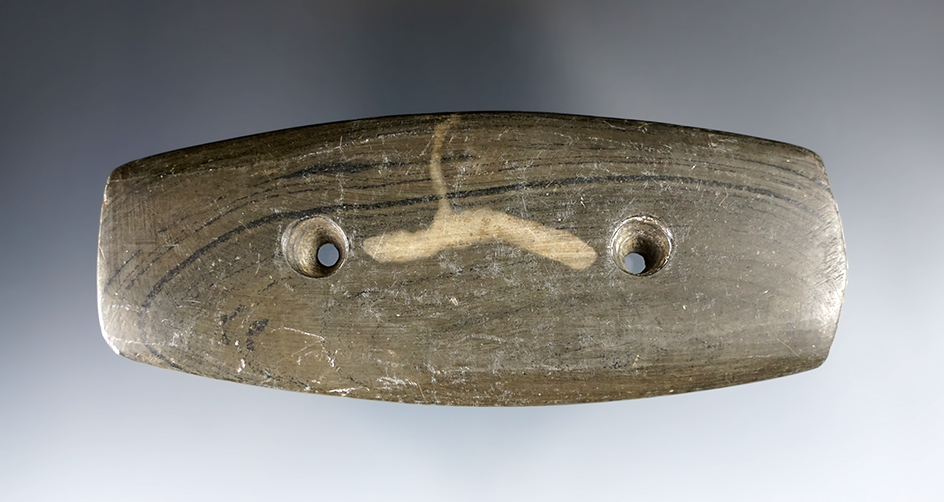 4 1/2" Glacial Kame Bar Gorget with "worm tracks". Found in Seneca Co., Ohio. Ex. Dr. Hasewinkle.